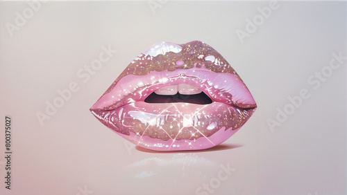Glittering lips. Pink mouth with plump lips and lipstick. Lip gloss, kiss, eroticism, fashion, make-up. Mouth isolated on white background, copy space.