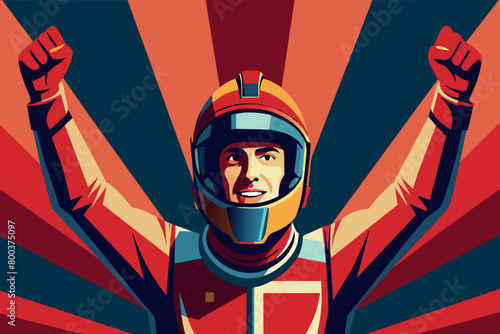 A man in a red and yellow racing suit is holding his arms up in the air