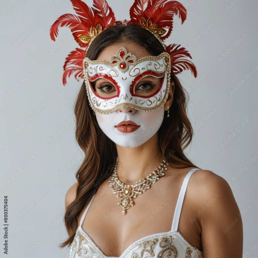 woman in carnival mask on white