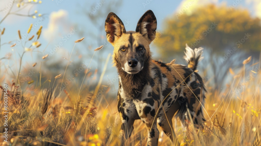 An African wild dog is dynamically presented within a golden hour light, the warm tones accentuating the peaceful yet wild aspect of the grassland habitat An African wild dog is dynamically presented within a golden hour light, the warm tones accentuating the peaceful yet wild aspect of the grassland habitat