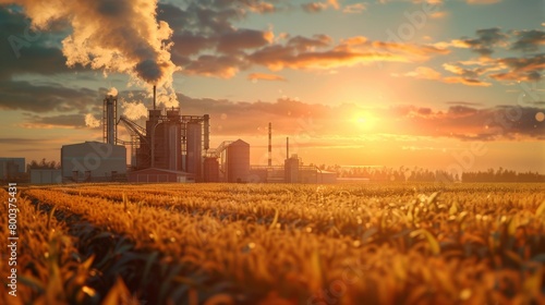 Rural landscape with a corn processing facility at sunset, illustrating the integration of agriculture and industry.