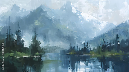 A serene landscape painting depicting a tranquil mountain scene with minimalist brushstrokes.    © AlphaStock