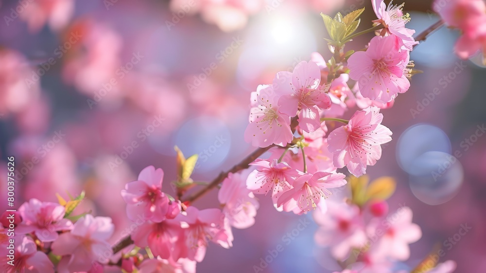 A detailed view of vibrant pink flowers blooming on a tree, showcasing the delicate petals and green leaves