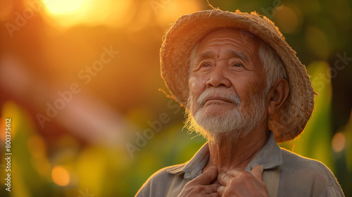 retirement hoping concept , old,happiness,, old Asian businessman in suit stand up pointing on his own heart chest in the middle 