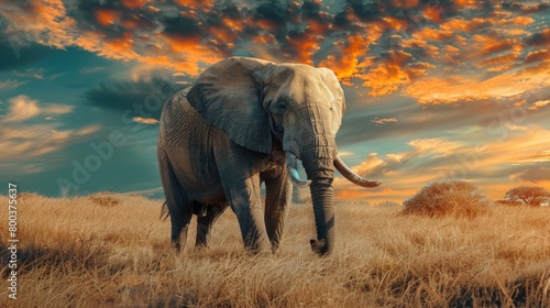 An African elephant stands under a sky ablaze with vibrant sunset colors, reflecting the wild and untamed beauty of nature