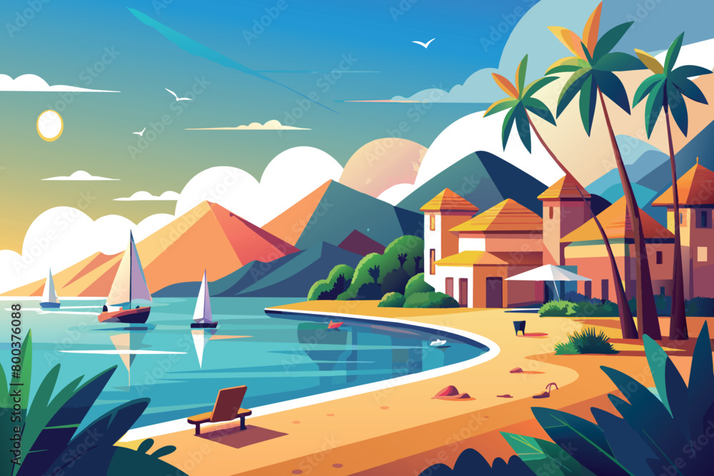 Naklejka premium A painting featuring a beach scene with multiple boats anchored near the shore, surrounded by towering palm trees