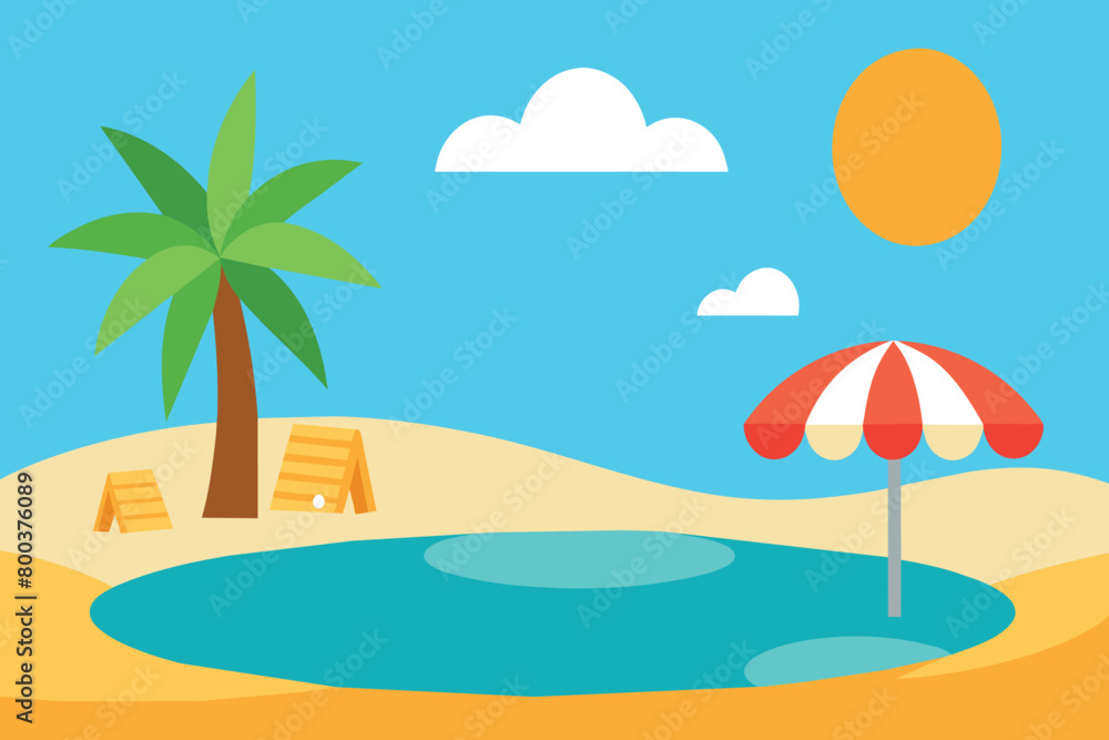 A beach scene featuring a blue umbrella and a wooden chair set up on the sand A beach scene featuring a blue umbrella and a wooden chair set up on the sand