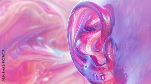 Closeup of an ear with pink liquid swirling inside, artistically depicting the internal movements of auditory processing photo