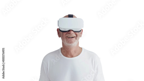 mature man in virtual reality glasses isolated on transparent background.