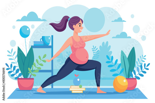 A woman is doing yoga poses in a room with a potted plant and a ball