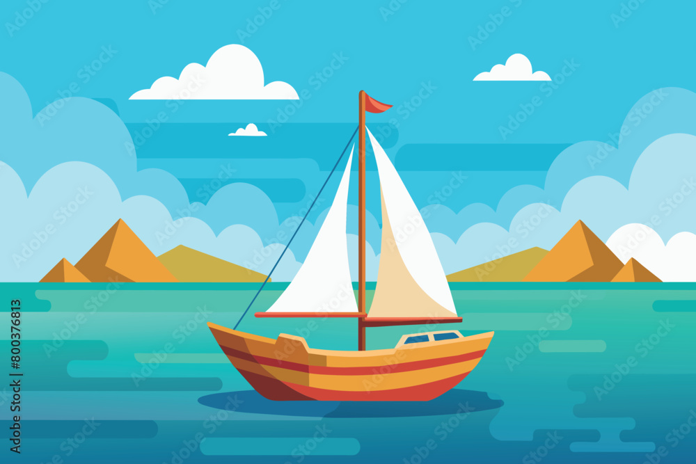 Naklejka premium A sailboat is sailing on a blue ocean with mountains in the background