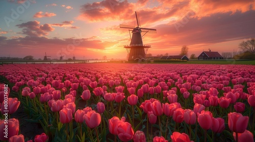 Golden Hour Harmony: Windmill in a Field of Tulips, generative ai
