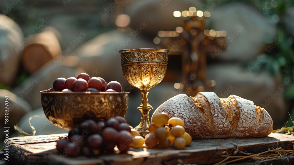 The Last Supper. Bread, wine, the Bible, the Holy Grail and the cross.. Holy Communion, concept of the sacred blood and flesh of Jesus Christ