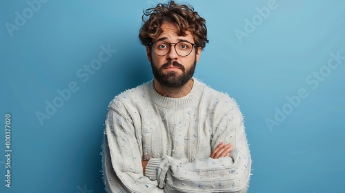 A Young handsome man with beard wearing casual sweater and glasses over blue background skeptic and nervous, disapproving expression on face with crossed arms, Negative person photo