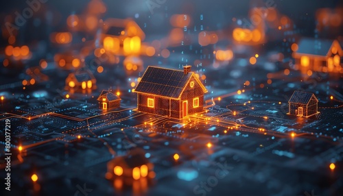 A digital representation of a smart home. The home is glowing orange and is surrounded by a blue circuit board.