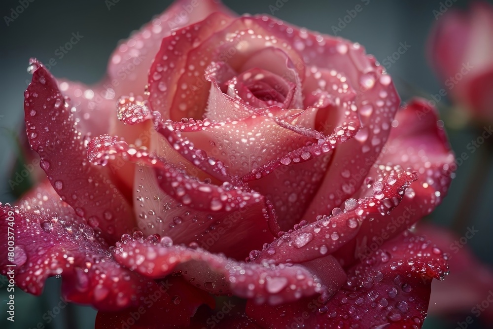 Glossy Red Rose with Dew Droplets Blooming in Garden Glossy Red Rose with Dew Droplets Blooming in Garden