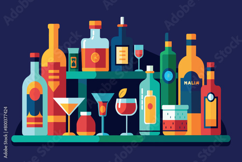A colorful display of liquor bottles and glasses on a shelf