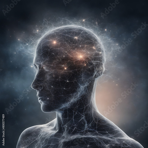 In the vast expanse of space, a solitary human head drifts, its brain aglow with the intricate dance of neurons. A serene halo envelops the head, exuding an aura of tranquility