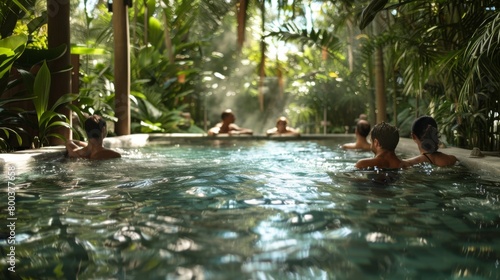 Spa guests enjoying a hydrotherapy session in a tranquil pool surrounded by lush greenery, emphasizing the natural beauty of the environment.