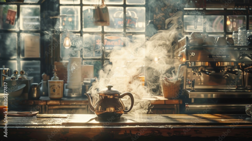 Steam rising from a traditional kettle in a rustic coffee shop, capturing the essence of brewing.
