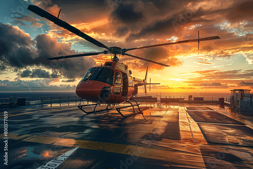 Red helicopter on the helipad on sunset photo