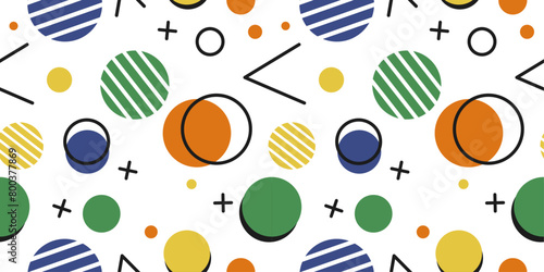 Bright Memphis - circles, crosses and checkmarks. Seamless simple and colorful memphis pattern. Green, blue and yellow colors.