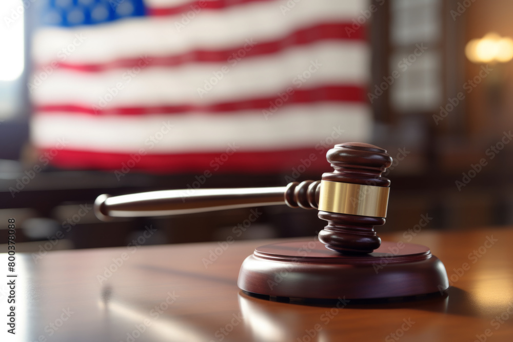 Wooden Judge's Gavel on Table with American Flag in the Background