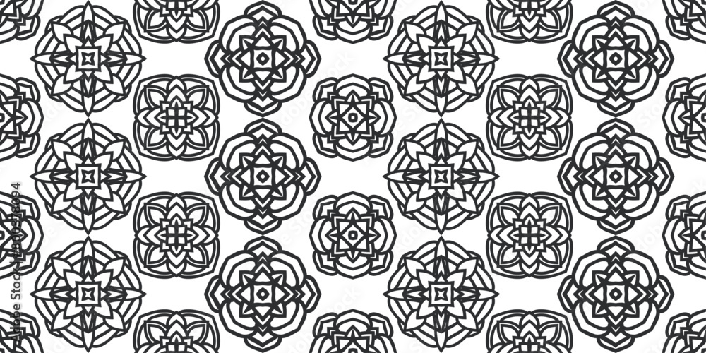 Ornate ornament and repeating pattern. Black kaleidoscopic shapes. Ornate ornament and repeating pattern. Black kaleidoscopic shapes.