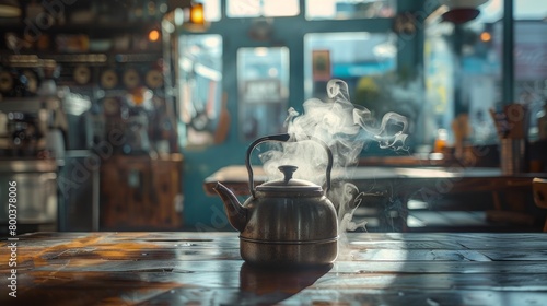 Steam rising from a traditional kettle in a rustic coffee shop, capturing the essence of brewing. photo