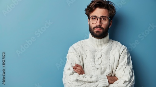 A Young handsome man with beard wearing casual sweater and glasses over blue background skeptic and nervous, disapproving expression on face with crossed arms, Negative person photo