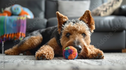 This gentle Airedale Terrier enjoys a quiet moment, resting with a vibrant multi-colored ball on a soft rug