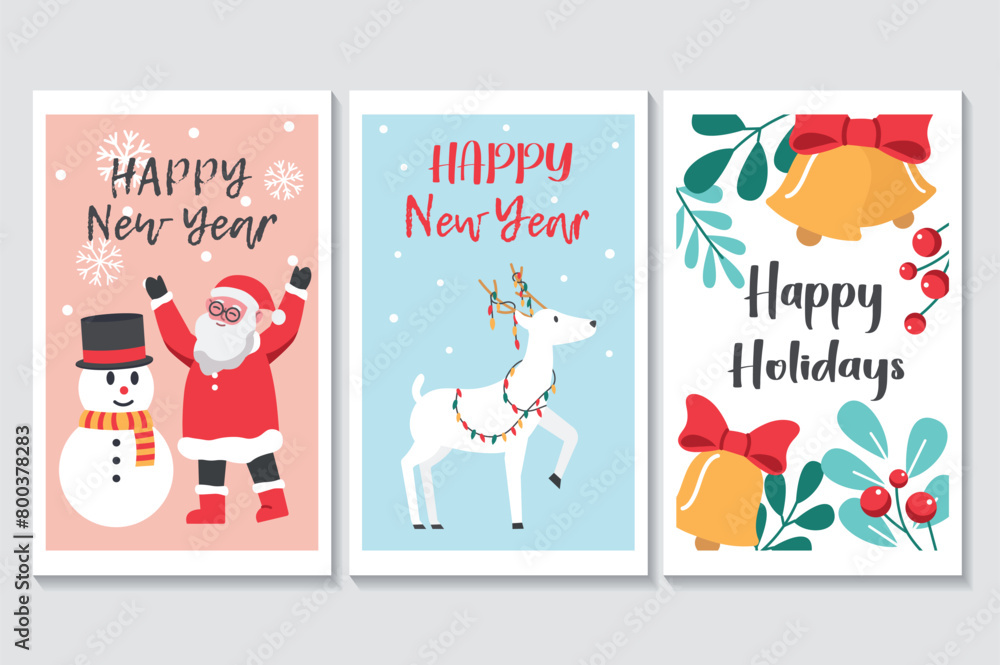 Fototapeta premium Happy holidays set of posters in flat cartoon design. Three posters depict elements of the winter holidays, such as a snowman, Santa Claus, deer and various atmospheric elements. Vector illustration.