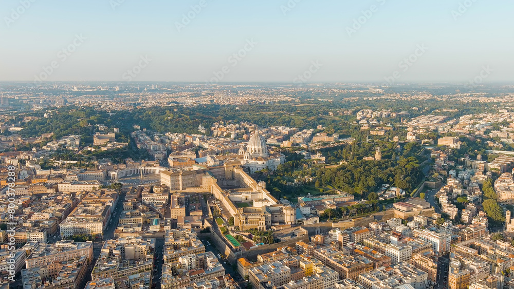 Rome, Italy. View of the Vatican. Dome of the Basilica di San Pietro, Flight over the city. Morning hours, Aerial View