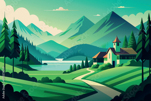 A mountain landscape with a house and a road