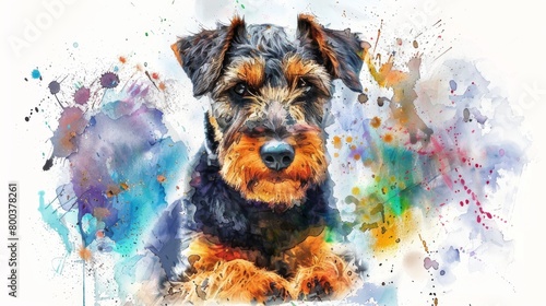 A cute terrier puppy's frontal portrait with a burst of vibrant watercolor splashes behind photo