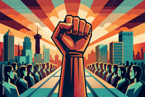 A hand with a fist raised in the air with a crowd of people behind it