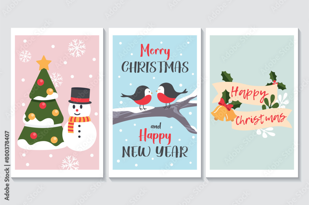 Fototapeta premium Happy holidays set of posters in flat cartoon design. The three posters feature cute elements such as a snowman and bullfinch, which show us the beauty of winter. Vector illustration.
