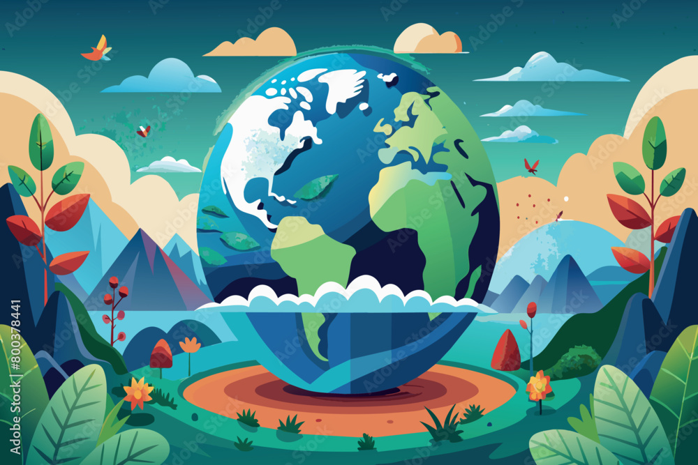 A cartoon drawing of a planet with mountains and trees surrounding it A cartoon drawing of a planet with mountains and trees surrounding it