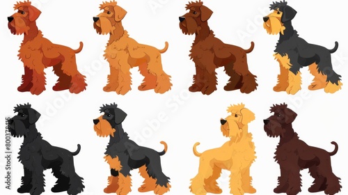 Colorful illustration set of Airedale Terriers showcasing diversity in coat colors and styles, perfect for breed enthusiasts photo