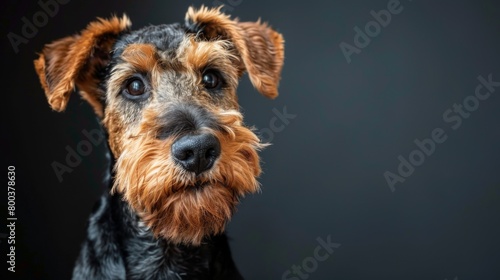 Close-up portrait of an Airedale Terrier, showcasing its detailed features and soulful eyes against a black background