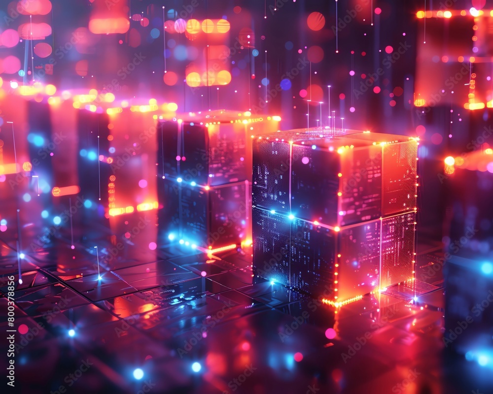 A glowing 3D rendering of a circuit board with glowing red and blue lights. The background is dark with glowing red and blue particles floating around.