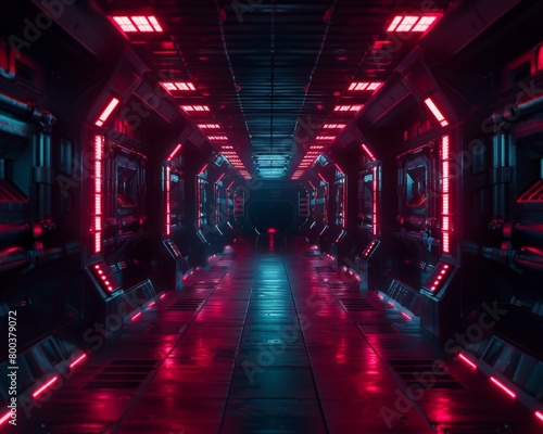 A darkly lit spaceship corridor with flickering emergency lights The silence and emptiness evoke a sense of mystery and danger 