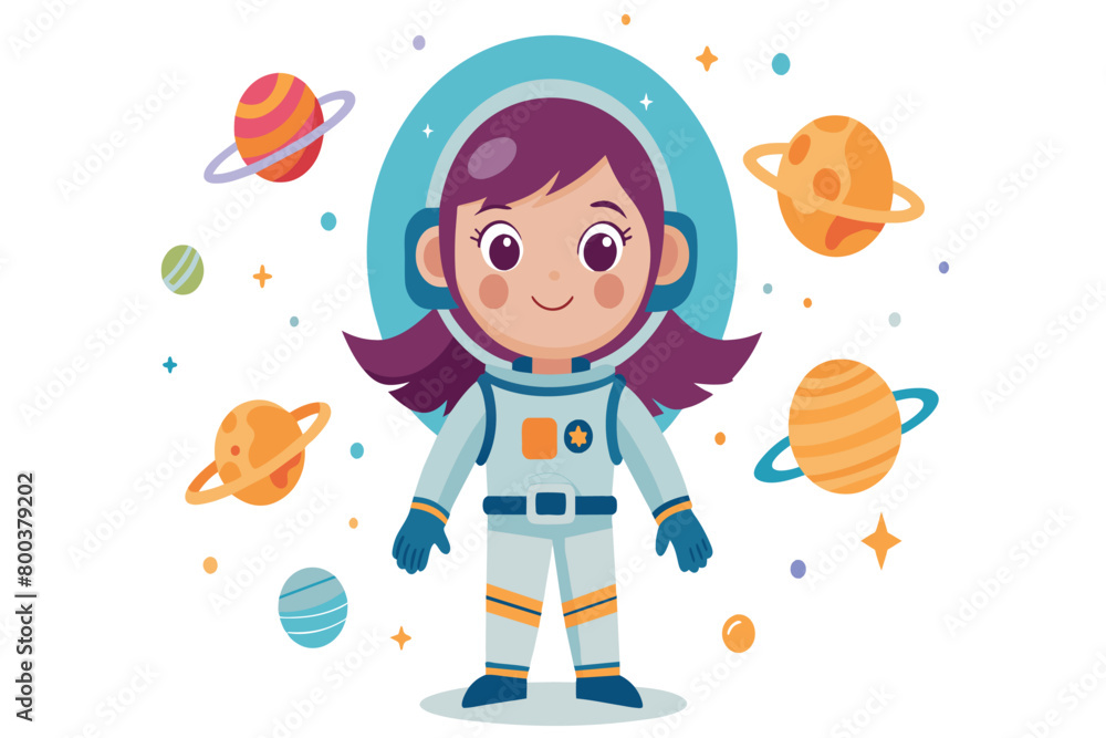 A girl in a space suit stands in front of a bunch of planets A girl in a space suit stands in front of a bunch of planets