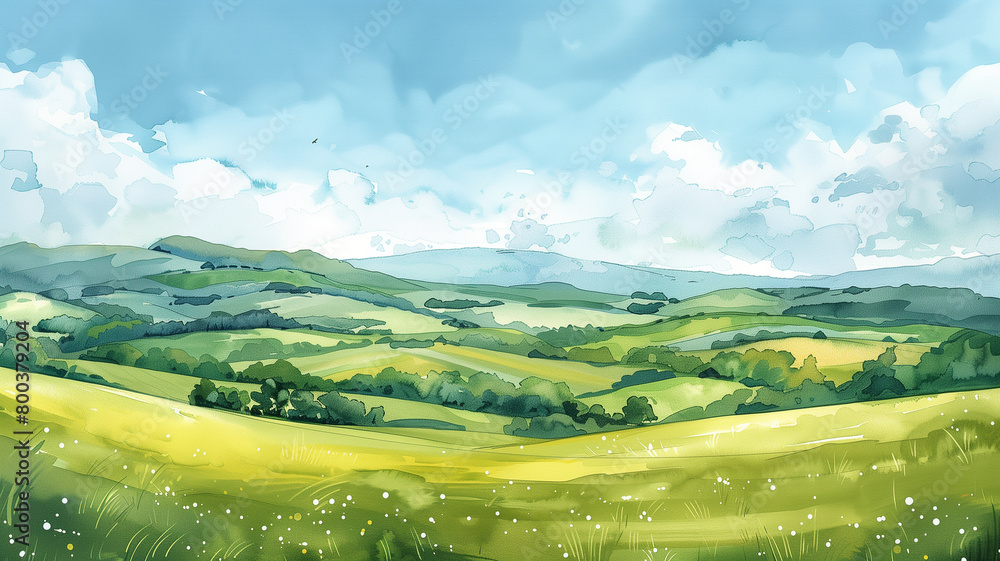 watercolor painting of a green rolling hills landscape