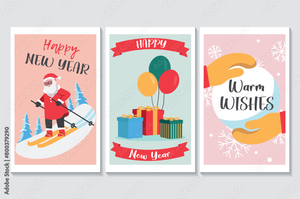 Happy holidays set of posters in flat cartoon design. The illustration consists of three posters decorated with winter attributes, combining complex design with cartoon elements. Vector illustration.
