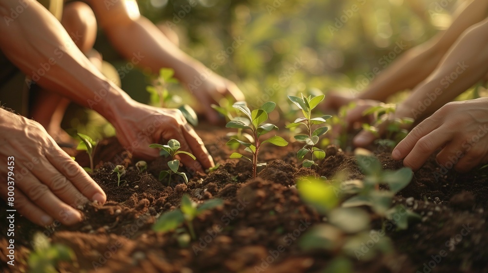 Fototapeta premium Golden Hour Growth: Diverse Hands Working Together in a Garden, generative ai