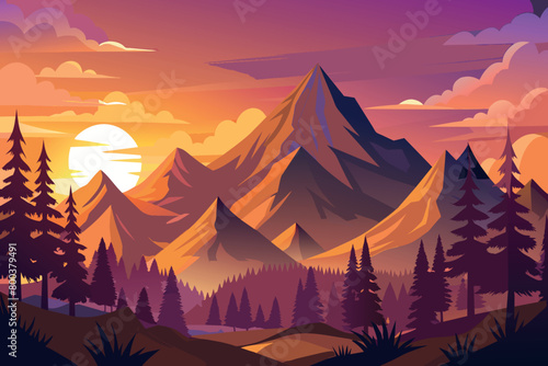 A mountain range with a sunset in the background