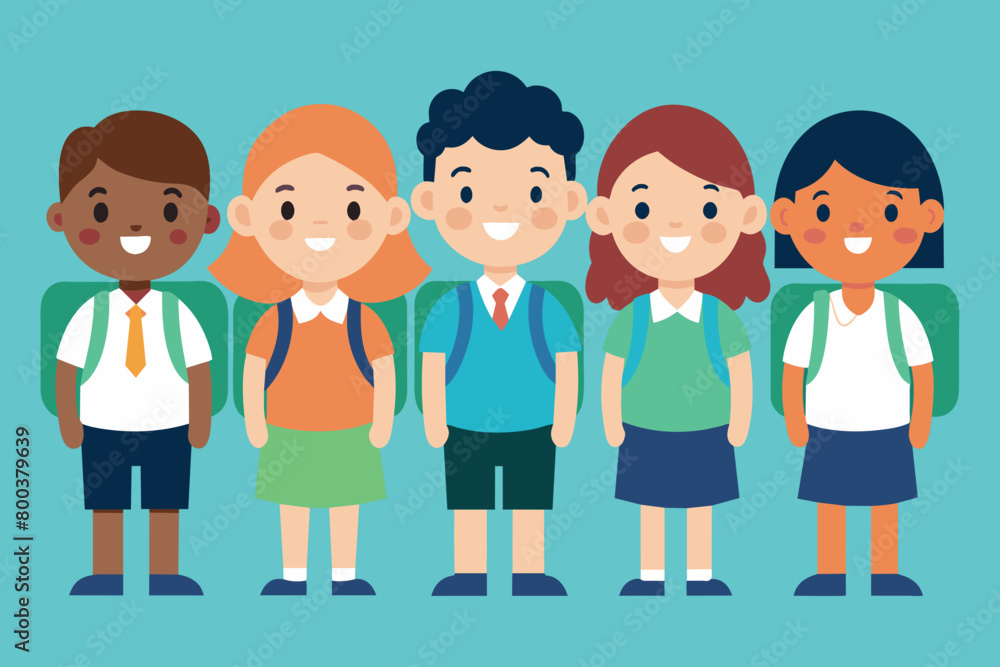A group of children are standing in a line, all wearing backpacks A group of children are standing in a line, all wearing backpacks