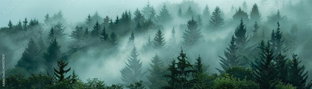 Expansive view of a forest blanketed in morning mist, where the trees stand tall and ghostly, stretching across the panorama