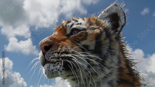 A detailed view of a tigers face with dramatic clouds in the background  showcasing the majestic features of the big cat